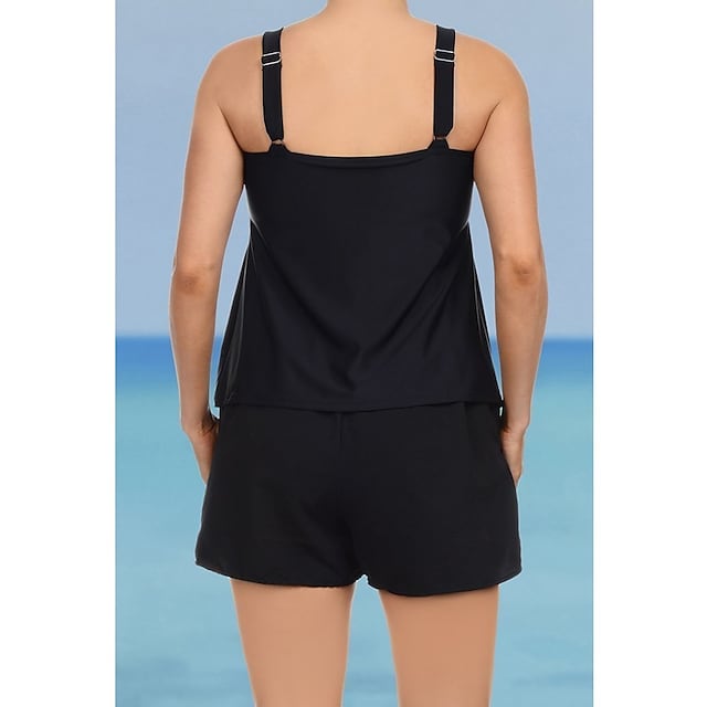 RTTMALL Women's Swimwear Tankini 2 Piece Plus Size Swimsuit Slim for Big Busts Solid Color Blue Black Black Camisole Padded Strap Bathing Suits Sports Casual