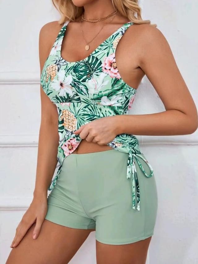 RTTMALL Women's Swimwear Tankini 2 Piece Normal Swimsuit 2 Piece Printing Floral Green Tank Top Bathing Suits Sports Summer