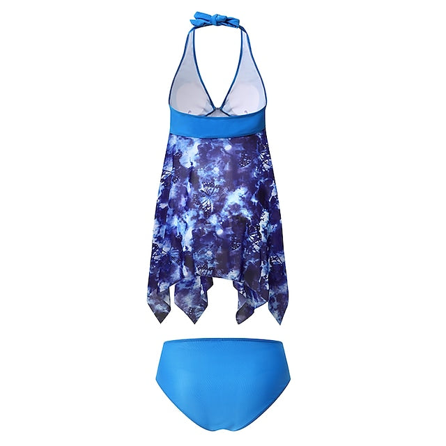 RTTMALL Women's Swimwear Tankini 2 Piece Plus Size Swimsuit Push Up Open Back for Big Busts Print Floral Print Blue Halter V Wire Bathing Suits New Casual Vac