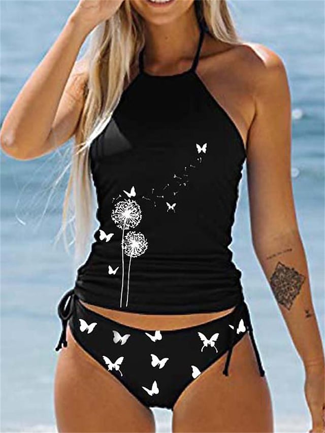 RTTMALL Women's Swimwear Tankini 2 Piece Plus Size Swimsuit Backless Ruched Print Butterfly Dandelion White Black Dark Gray Red Navy Blue Bathing Suits New Sp