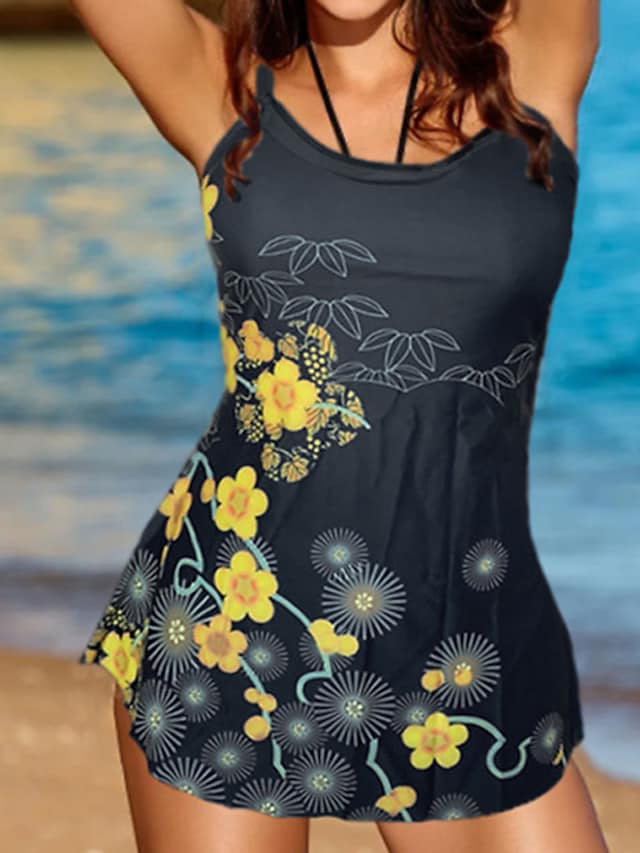 RTTMALL Women's Swimwear Tankini 2 Piece Plus Size Swimsuit Modest Swimwear Open Back Printing for Big Busts Flower Blue Yellow Camisole Scoop Neck Bathing Su