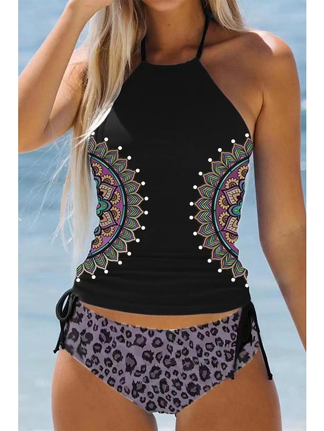 RTTMALL Women's Swimwear Tankini 2 Piece Plus Size Swimsuit Ruched string Print Leopard Geometic Black Halter Bathing Suits New Casual Vacation / Vintage / Pa