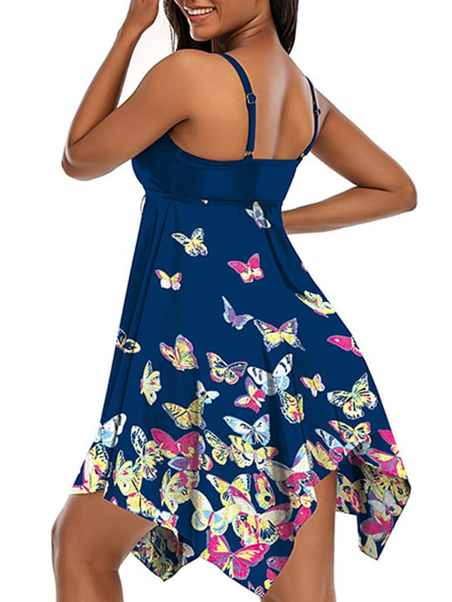 RTTMALL Women's Swimwear Tankini Swim Dress 2 Piece Plus Size Swimsuit Open Back Printing for Big Busts Animal Butterfly Navy Blue Camisole Strap Bathing Suit