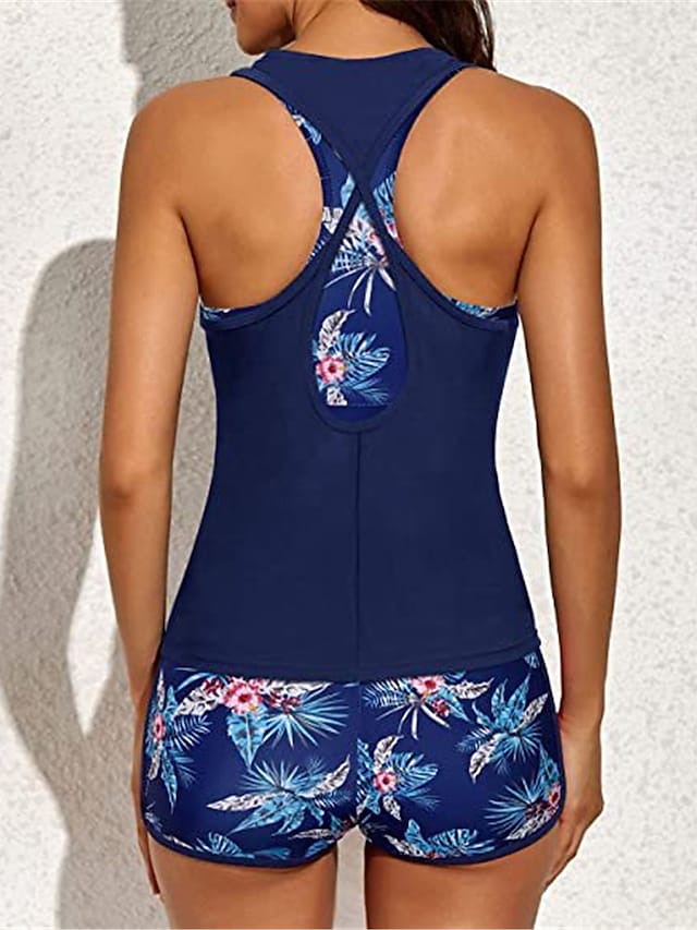RTTMALL Women's Swimwear Tankini Three Piece Normal Swimsuit Open Back Printing Coconut Tree Red Navy Blue Crop Top Vest Scoop Neck Bathing Suits New Vacation