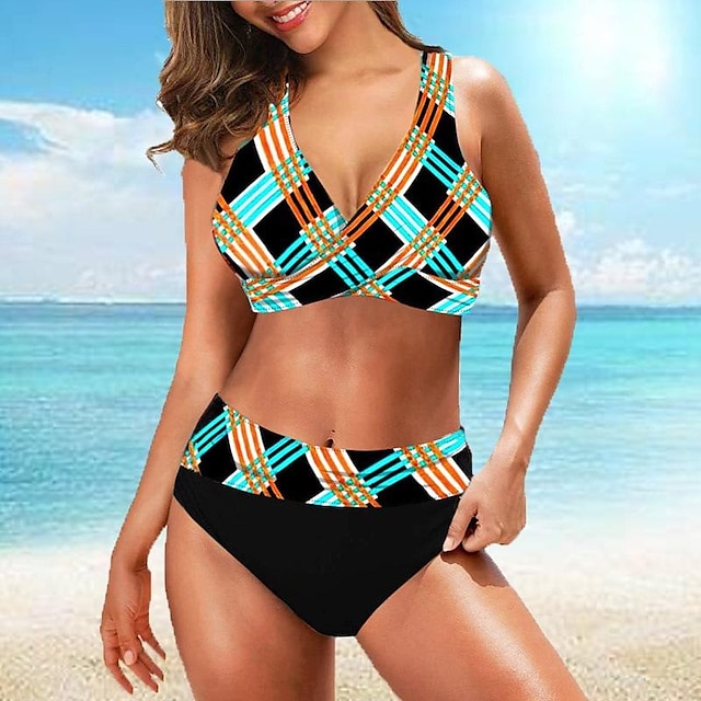 RTTMALL Women's Swimwear Tankini 2 Piece Plus Size Swimsuit Plaid Blue Crop Top Bathing Suits Sports Summer
