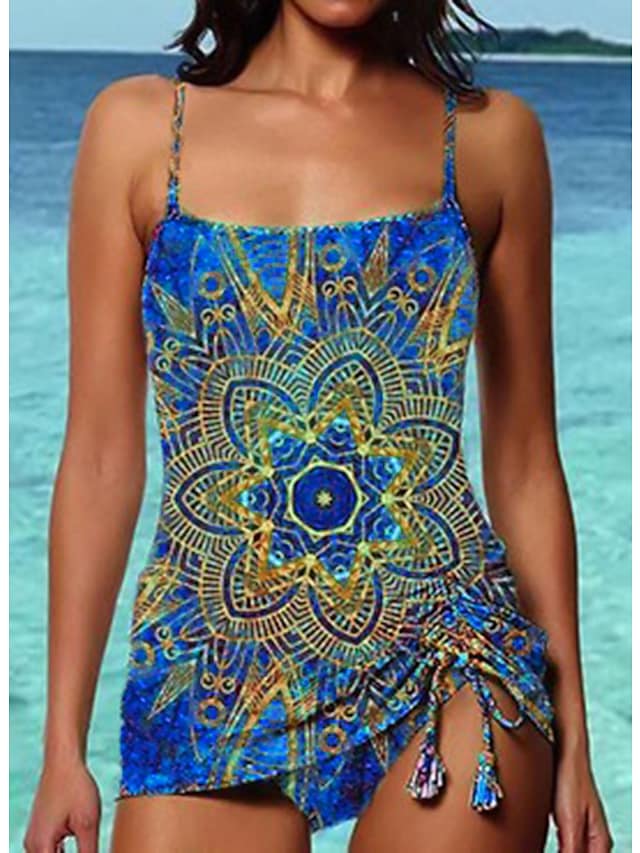 RTTMALL Women's Swimwear Tankini 2 Piece Normal Swimsuit Open Back Printing Flower Blue Camisole Strap Bathing Suits New Vacation Fashion / Modern / Padded Br