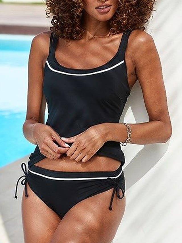 RTTMALL Women's Swimwear Tankini 2 Piece Normal Swimsuit Quick Dry 2 Piece Solid Color Black Tank Top Bathing Suits Sports Beach Wear Summer