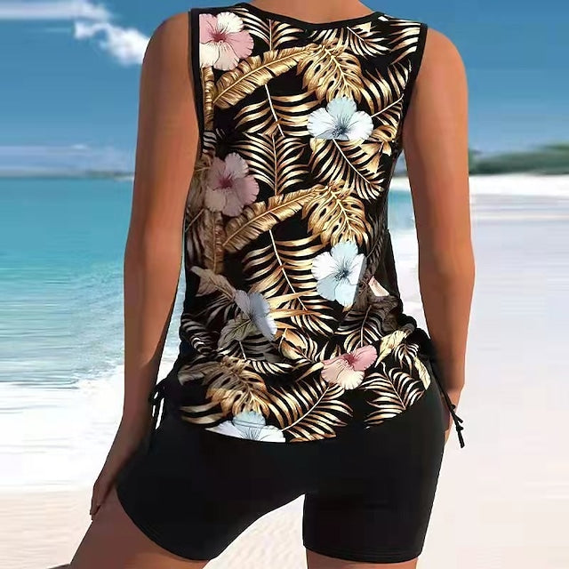 RTTMALL Women's Swimwear Tankini 2 Piece Plus Size Swimsuit Printing Floral Black White Yellow Pink Sky Blue Tank Top Bathing Suits Sports Summer