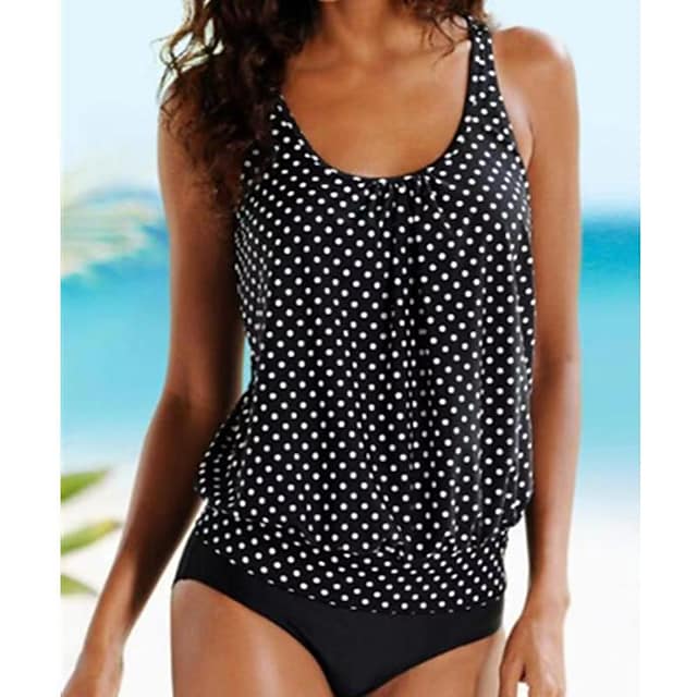 RTTMALL Women's Swimwear Tankini 2 Piece Normal Swimsuit Polka Dot Black Tank Top Bathing Suits Sports Summer