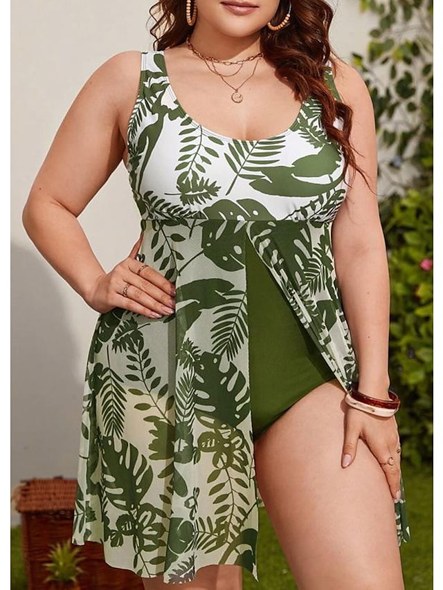 RTTMALL Women's Swimwear Swim Dress Plus Size Swimsuit 2 Piece Floral White Green Bathing Suits Sports Summer