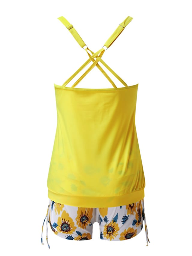 RTTMALL Women's Swimwear Tankini 2 Piece Plus Size Swimsuit Open Back Printing Leopard Flower White Gray Yellow Fuchsia Red Camisole Strap Bathing Suits New V