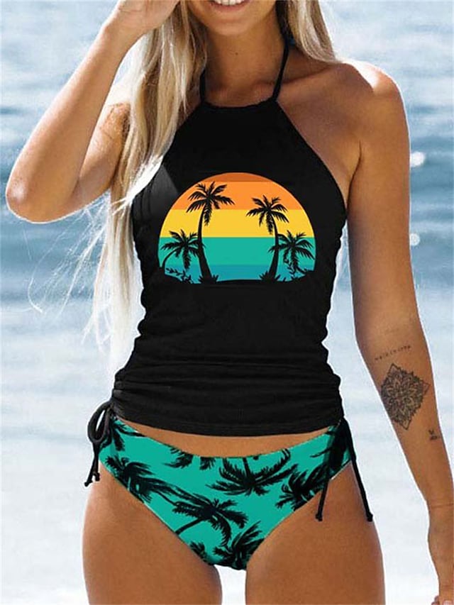 RTTMALL Women's Swimwear Tankini 2 Piece Plus Size Swimsuit Backless Ruched Print Palm Tree Sunset Green Black Yellow Light Green Orange Bathing Suits New Spo