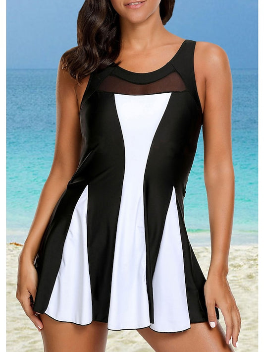 RTTMALL Women's Swimwear Swim Dress Normal Swimsuit 2 Piece Color Block Black White Tank Top Bathing Suits Sports Summer