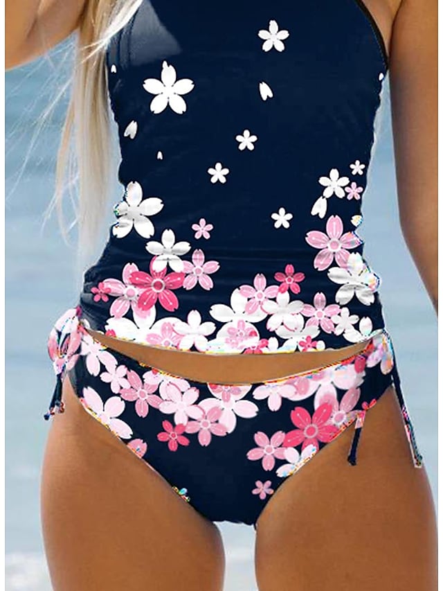 RTTMALL Women's Swimwear Tankini 2 Piece Normal Swimsuit High Waisted Floral Print Navy Blue Padded Bathing Suits Sports Vacation Sexy / New