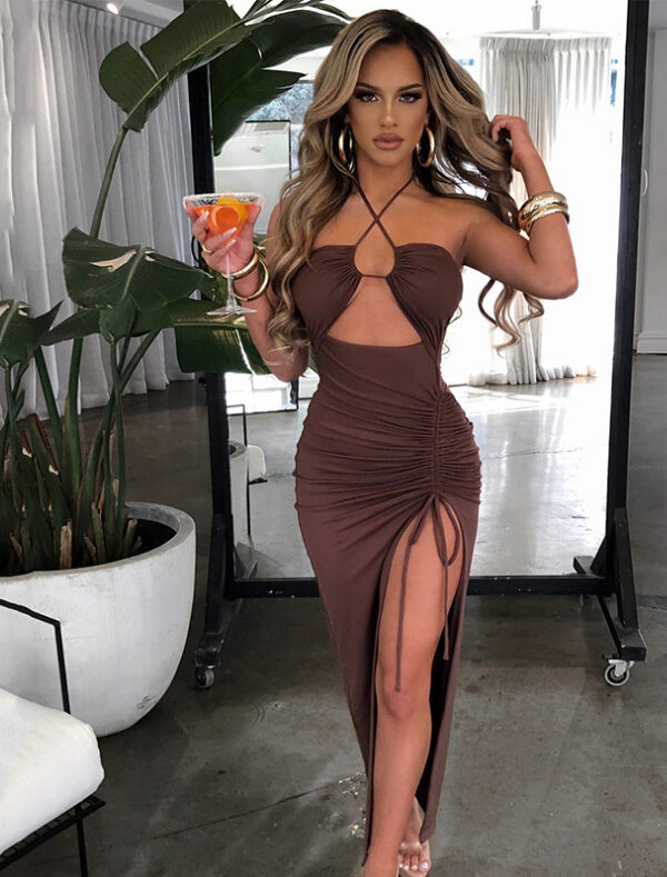 Spring Sexy Halter Neck Ruched High-Slit Bodycon Maxi Dress – Trendy INS Style