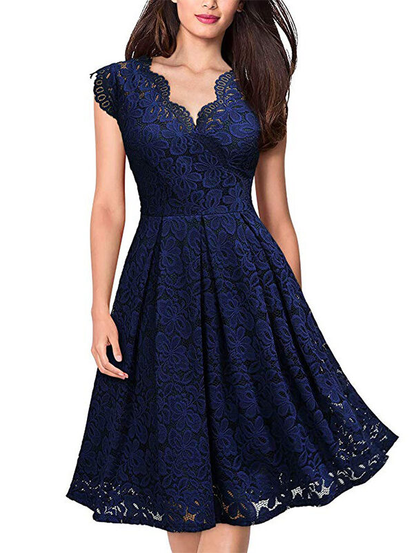 women vintage lace V-neck sleeveless cocktail large swing dress