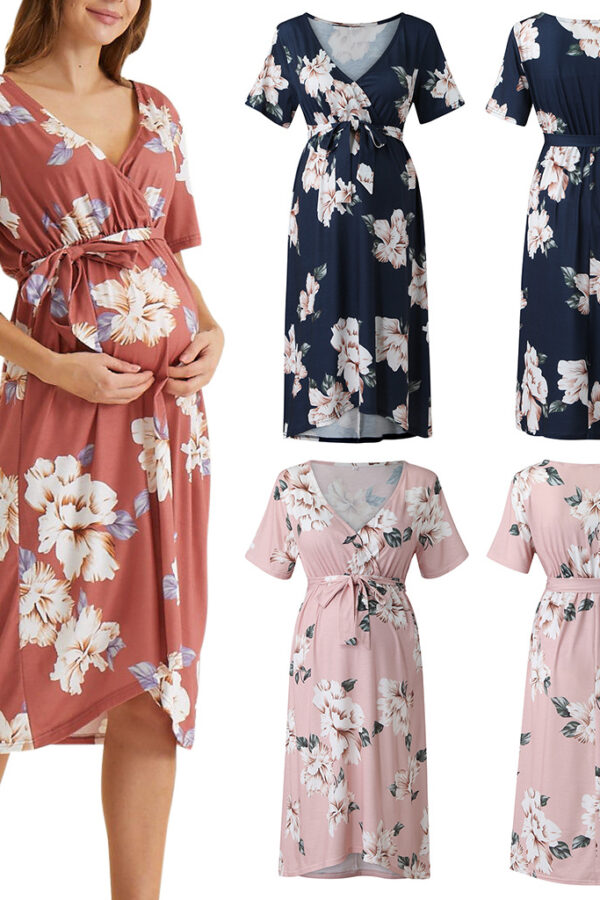 spring/summer  new women's clothing floral print short sleeve pregnant mother's breast lace-up dress dress