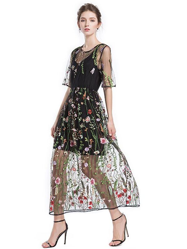 Spring New plus size women's embroidered lace dress summer two-piece set female