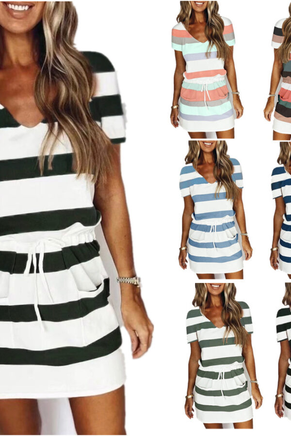 women's clothing summer new striped V-neck drawstring short sleeve slim fit dress