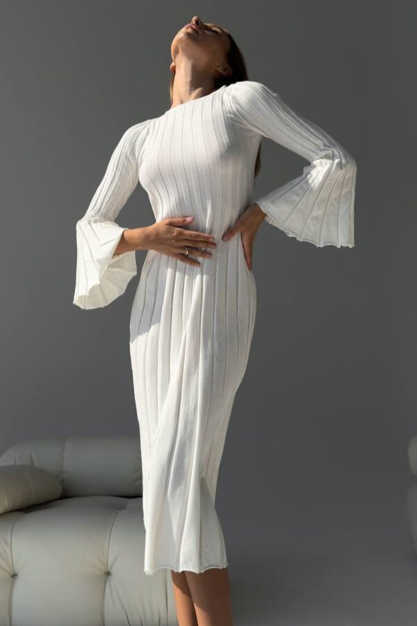 French lazy style backless lace up slim fit sunken stripe dress mid-length bell sleeve high-grade round neck dress