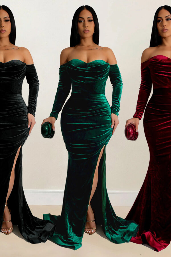 women's wear pure color split evening gown low cut dress