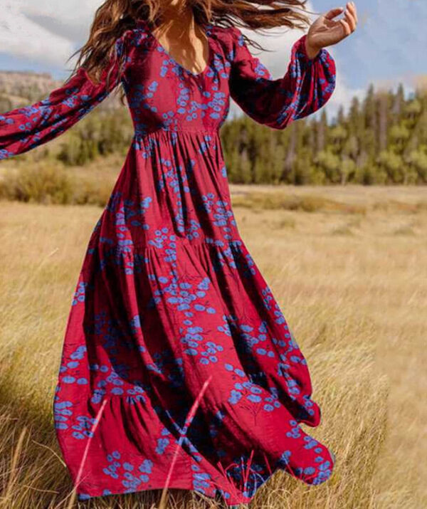 slim-fitting patchwork crimp bohemian swing long rayon printed dress
