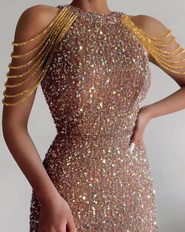 spring and summer new fashion halter sexy crystal chain sheath sequined style dress mid-waist evening dress