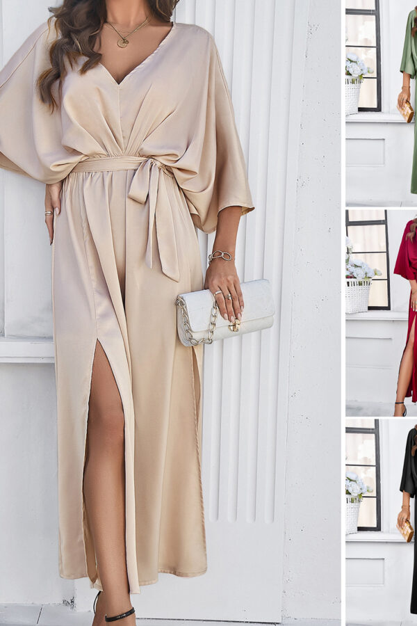 women's clothing  spring and summer  elegant high waist V-neck loose dress