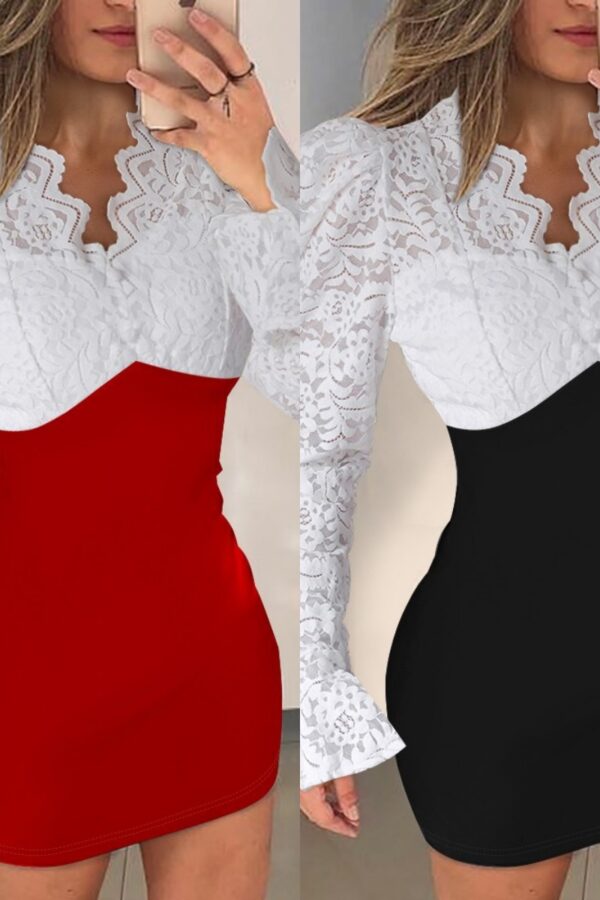 hot  New tight waist slim V-neck dress lace splicing package arm skirt