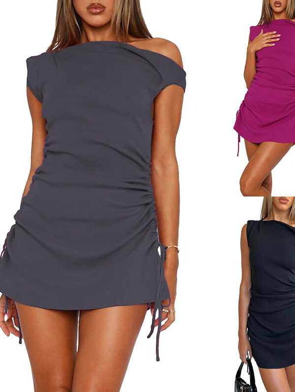 spring summer slim-fit dress sexy sheath off-the-shoulder pleated drawstring  skirt