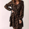 Fall New leopard print long sleeve dress Women's  leisure tight waist V-neck knee-length skirt