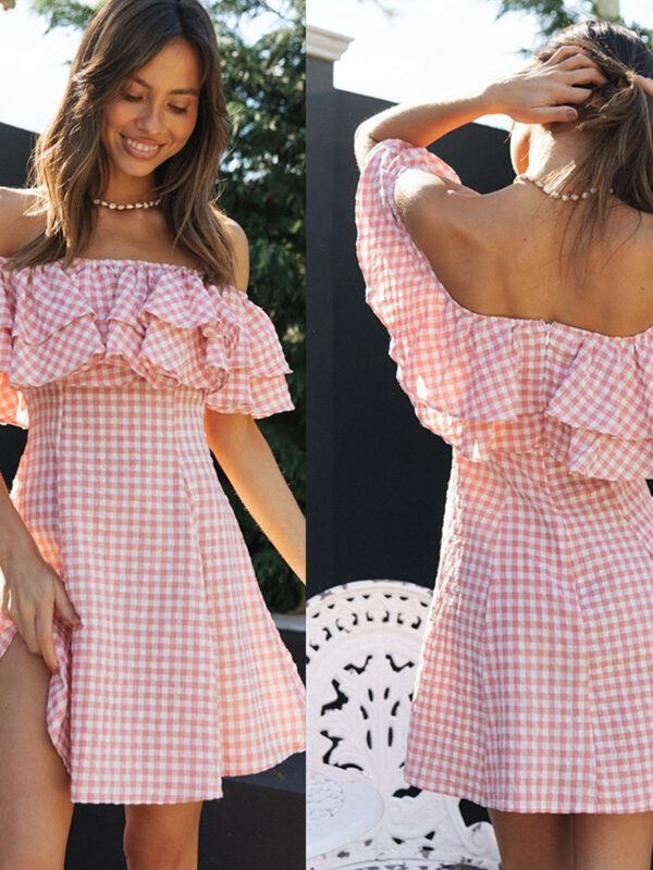 women's clothing New Plaid off-shoulder lotus leaf collar show fashion dress