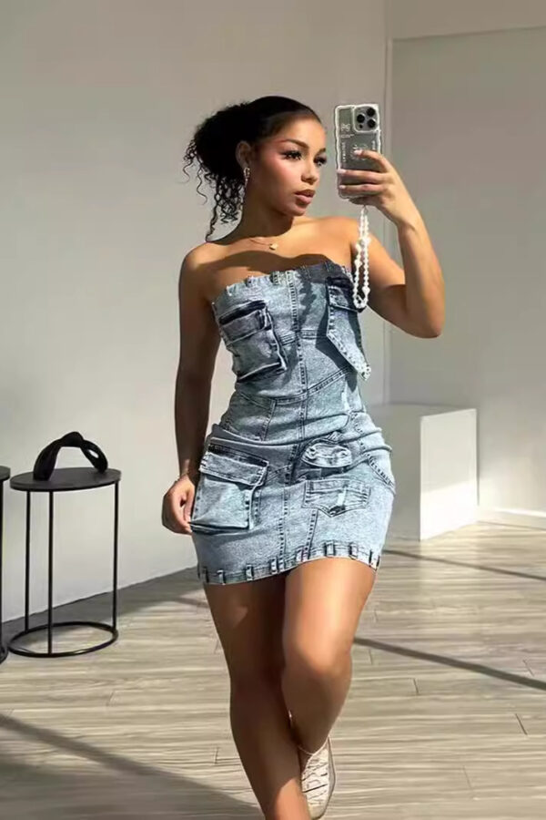women's clothing popular fashion bandeau slim-fit 3D pocket dress