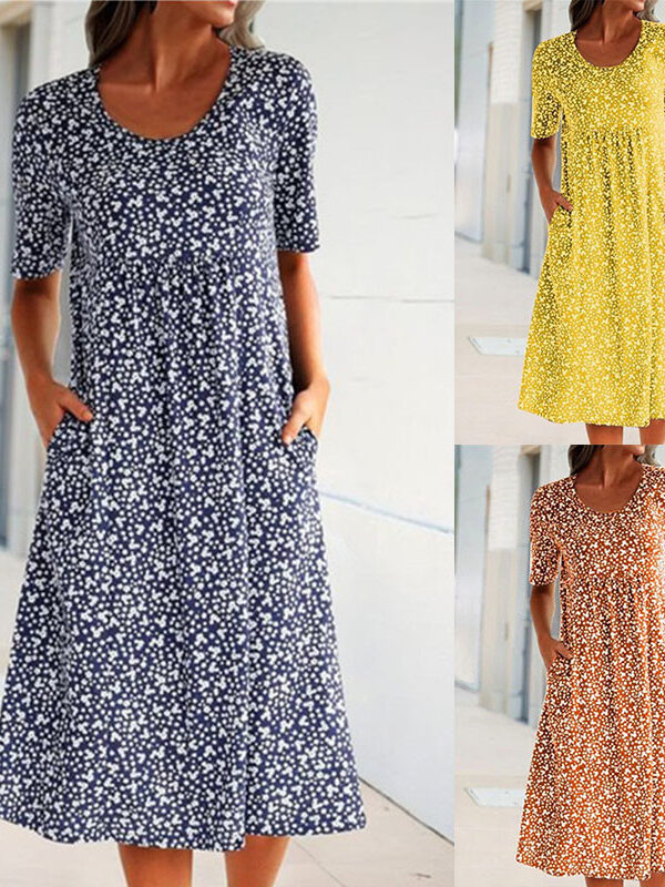 popular version style vacation style new round neck short sleeve floral mid-length dress