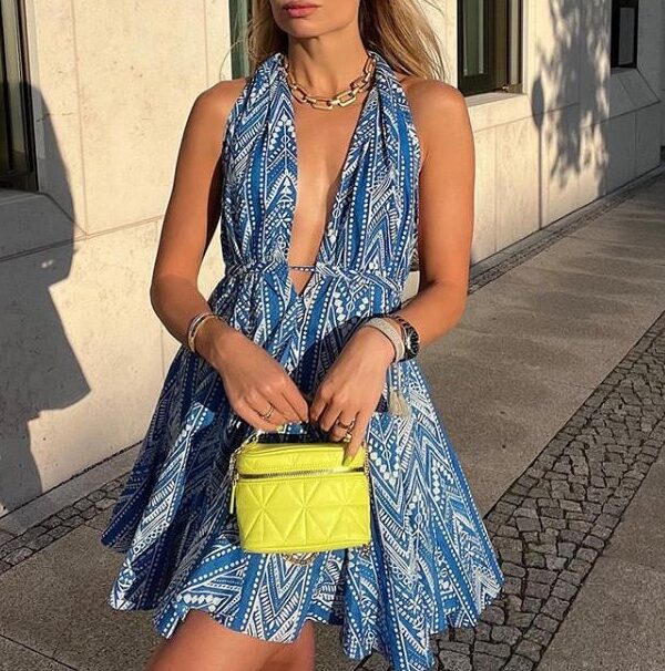 vacation style hot girl sexy backless collar printed halter beach dress