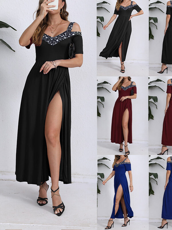 women's clothing off-the-shoulder sling fashionable with side-slit dress