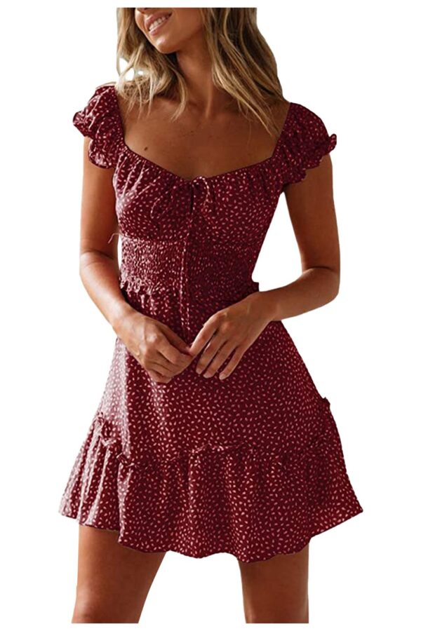 Summer  new patchwork ruffled floral skirt short sleeve printed U collar tied high waist dress