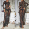 sexy women's activity banquet pure color mesh hot drilling long sleeve dress