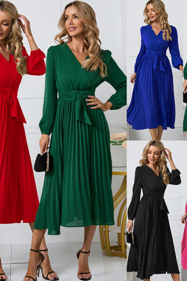 women's clothing new long sleeve slim-fit pleated belt V-neck dress A- line skirt