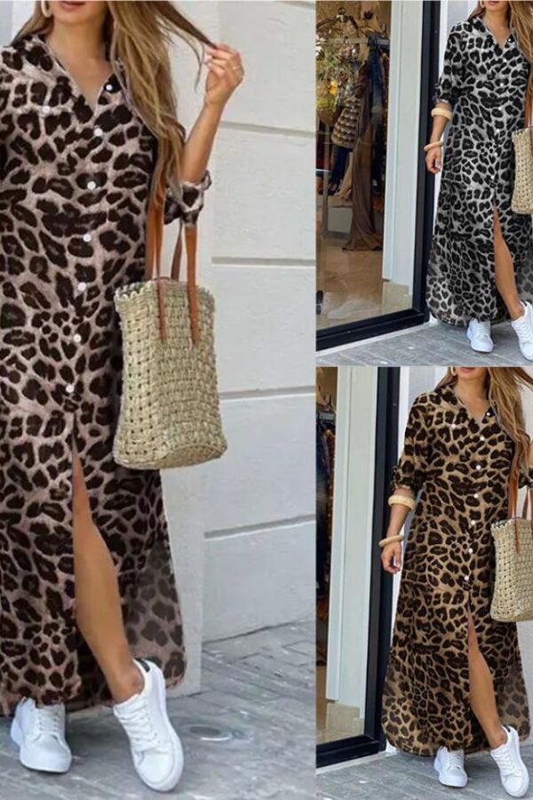 spring and autumn leisure leopard print fashionable with side-slit super long women's shirt dress