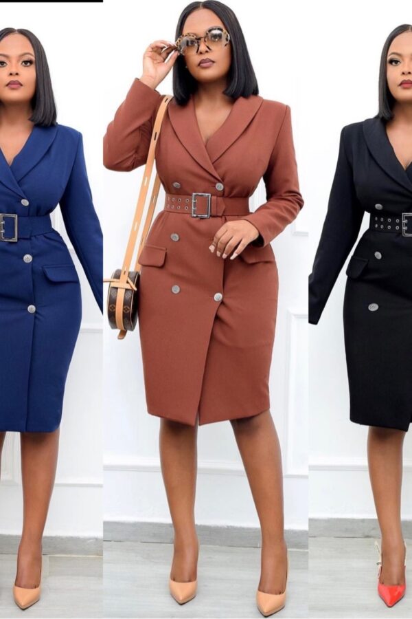 commute low v lapel clinch solid color dress with belt Dresses