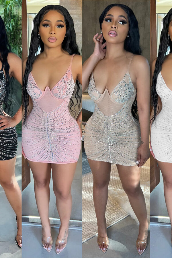 women's clothing sexy mesh hot drilling  night club slip women's dress short skirt