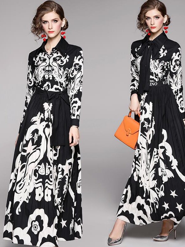 autumn and winter New positioning printing long sleeve pleated swing dress