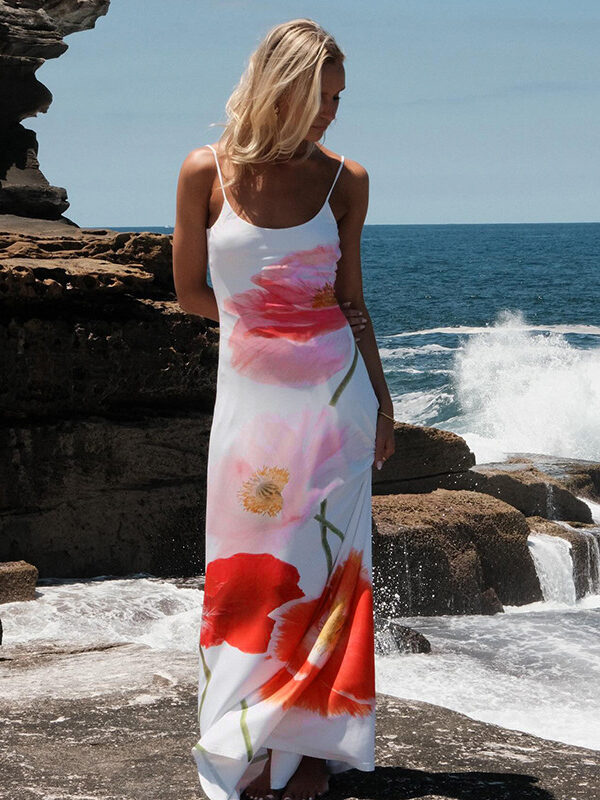 summer beach vacation large printing contrast color round neck spaghetti straps sleeveless backless slim fit A- line long dress female