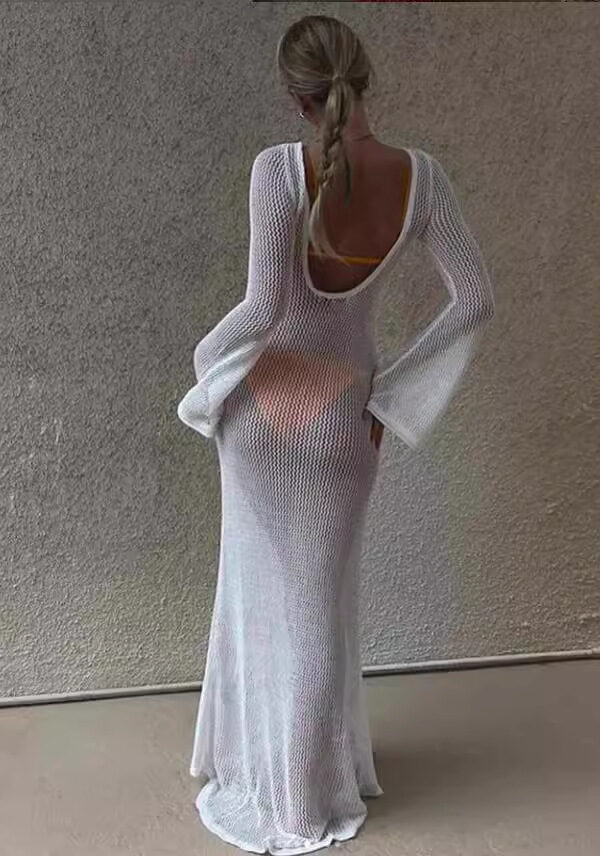 women's clothing summer  new arrival knitted long sleeve backless emotion see-through mopping floor maxi dress