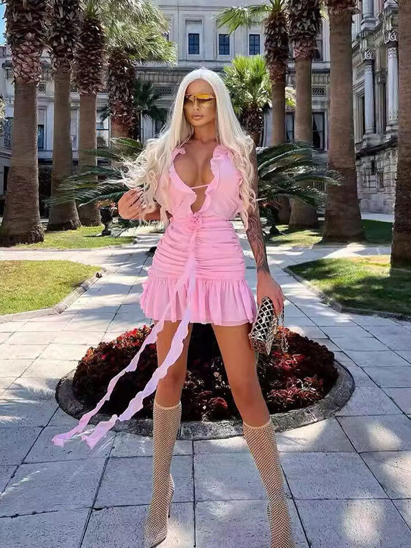 Fall  new sexy hot girl chiffon floral dress style dress yellow pink Barbie see-through Halter