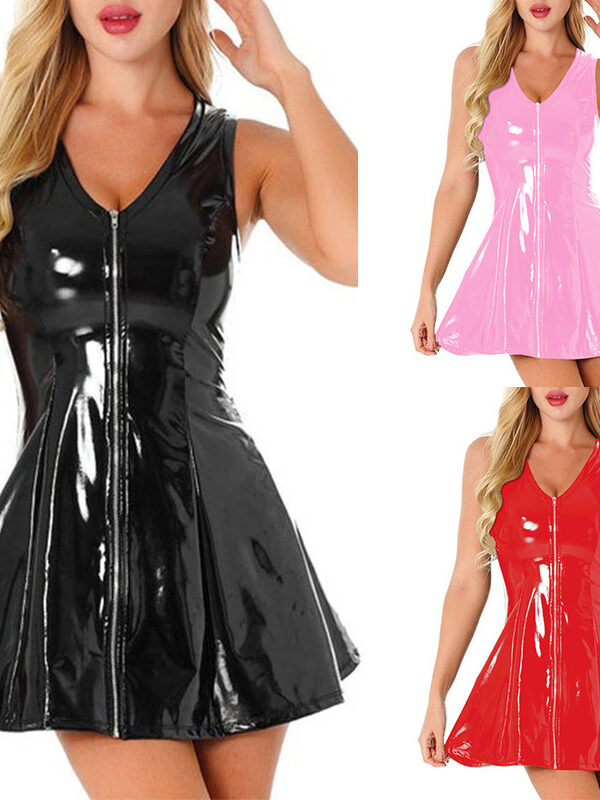 women's clothing party dress nightclubs sexy glossy PU zipper vest A- line skirt