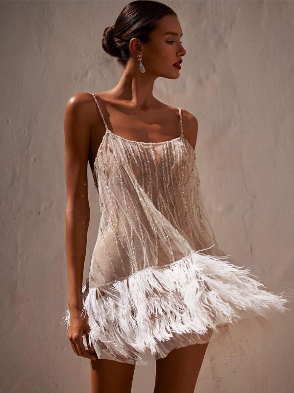 party dress sexy backless skirt layered tassel mesh sequin suspender dress