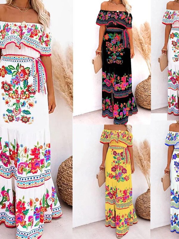 spring and summer new off-shoulder red flower printing long large hem dress