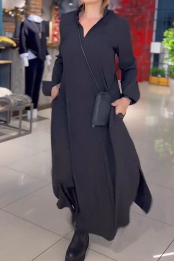 autumn and winter New leisure loose solid color and V-neck pullover long sleeve dress